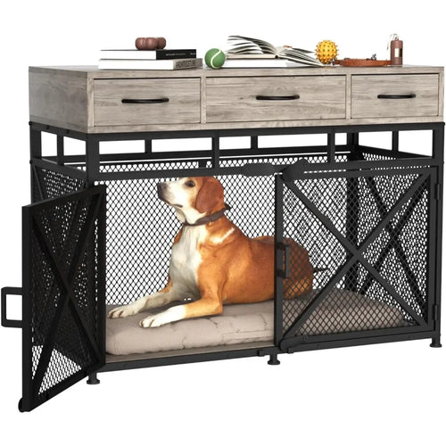 43.3 Inch Large Dogs Crate, Wooden Dogs Kennels with Drawers, Heavy Duty Dogs Crate Furniture-Style Indoor, Decorative Dog Cage