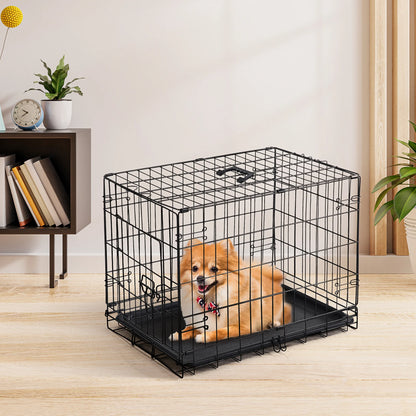 JHK Single Door 30 Inch Folding Metal Wire Dog Cage with Plastic Leak-Proof Pan Tray Extra Large Pet Kennel for Indoor Outdoor