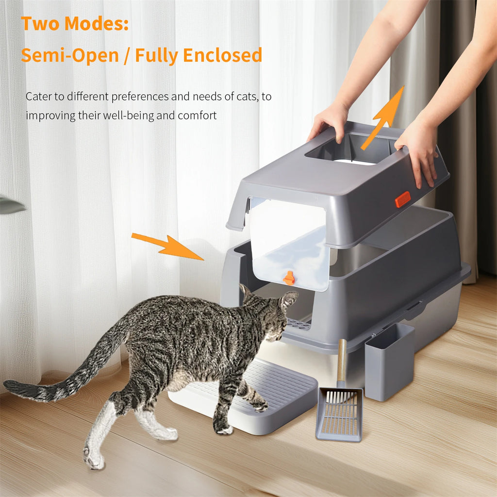 Stainless Steel Enclosed Cat Litter Box With Lid And High Walls